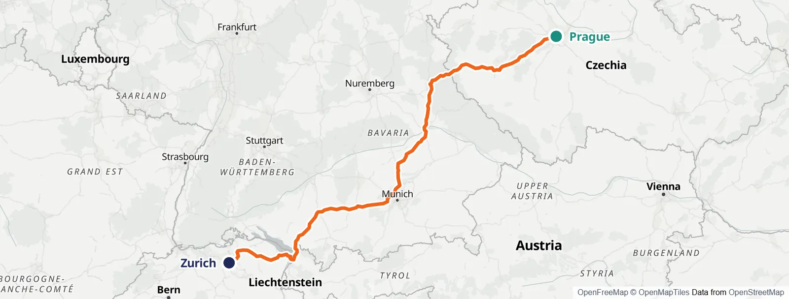 경로 지도: Prague – Zurich