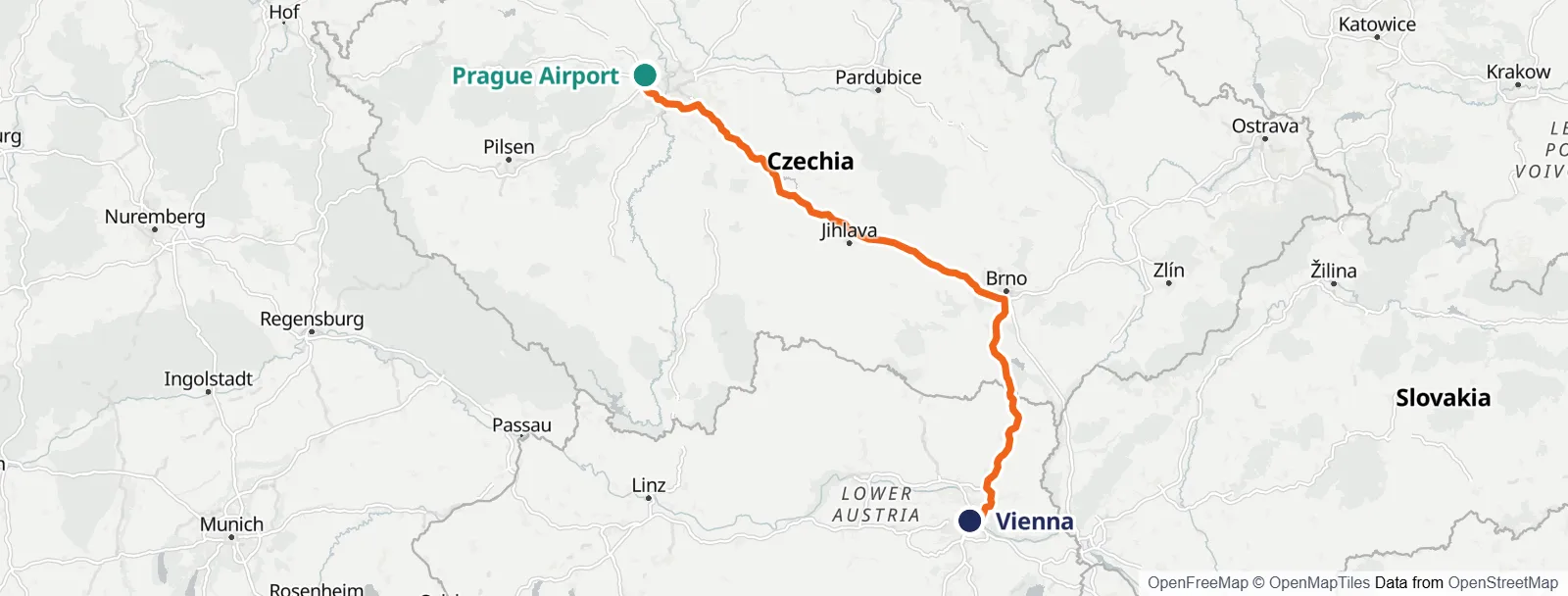 경로 지도: Prague Airport – Vienna