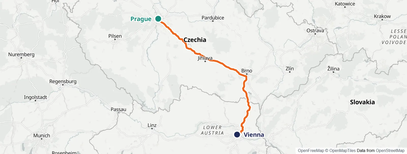 경로 지도: Prague – Vienna