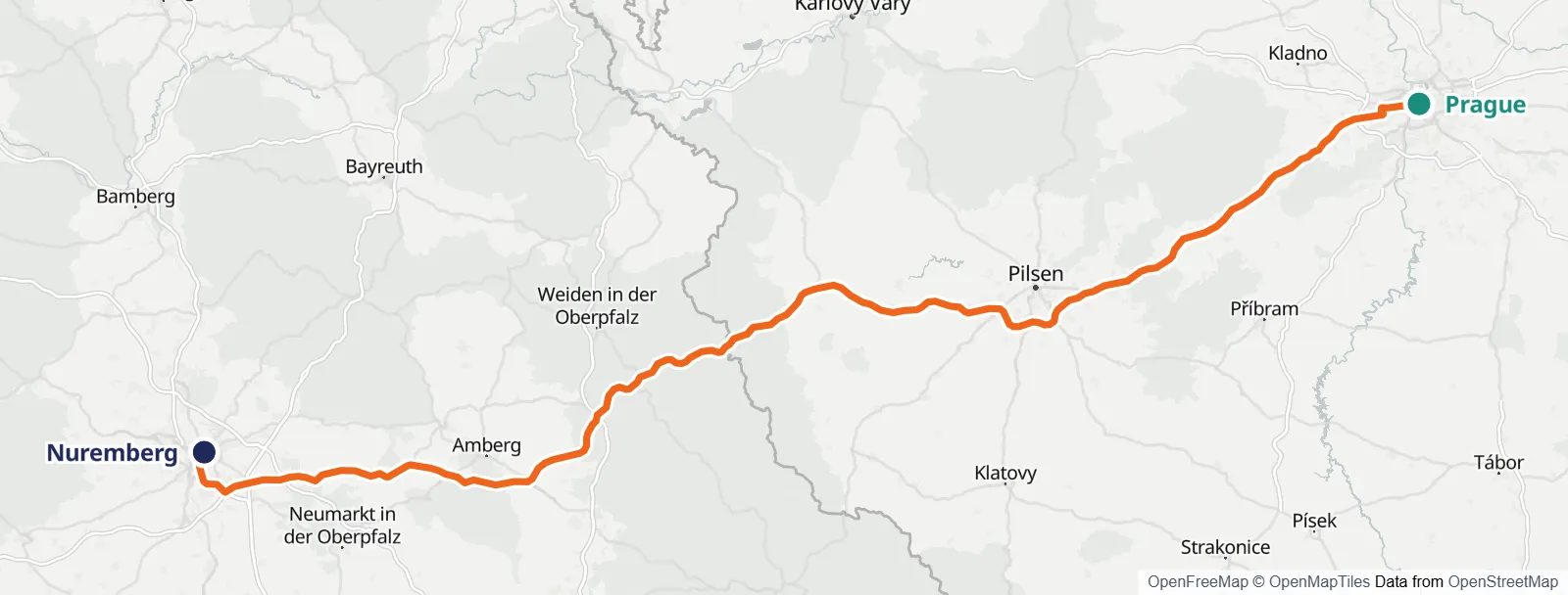 경로 지도: Prague – Nuremberg