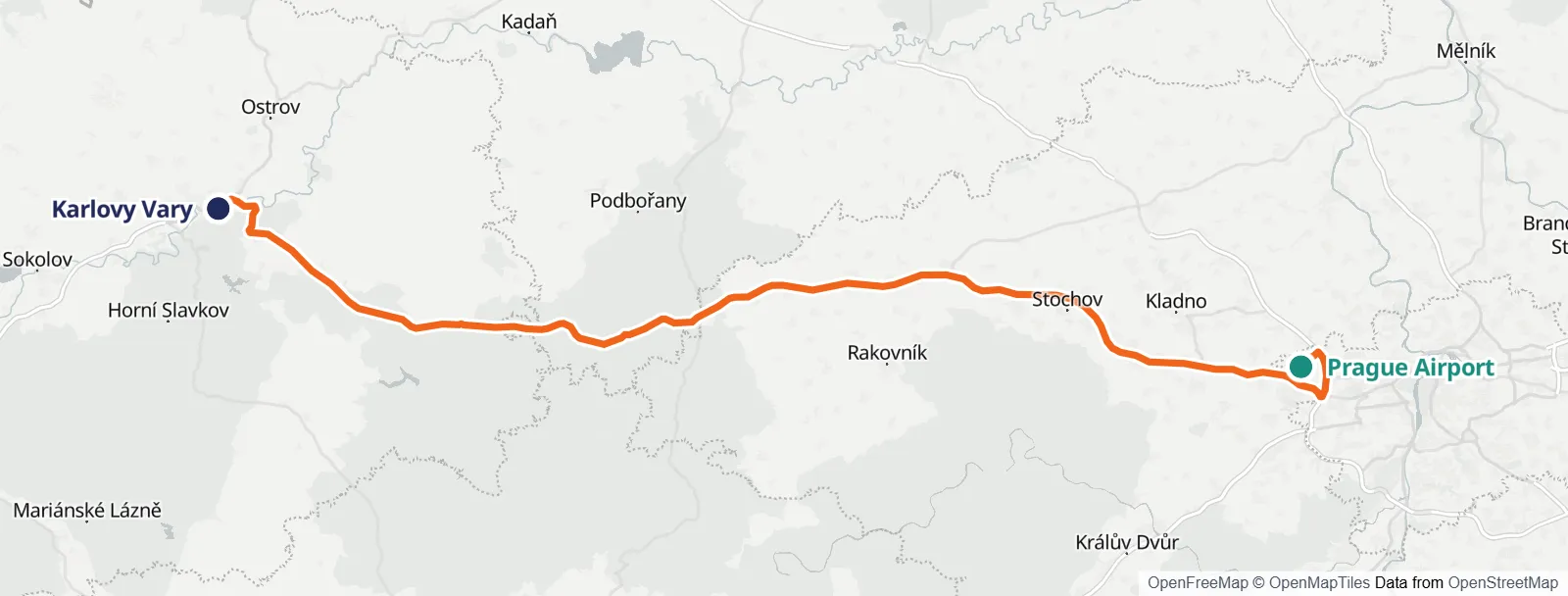 경로 지도: Prague Airport – Karlovy Vary