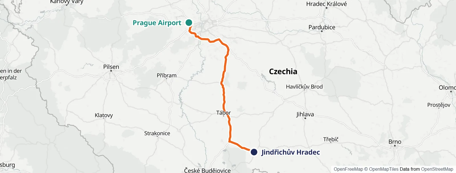 경로 지도: Prague Airport – Jindřichův Hradec