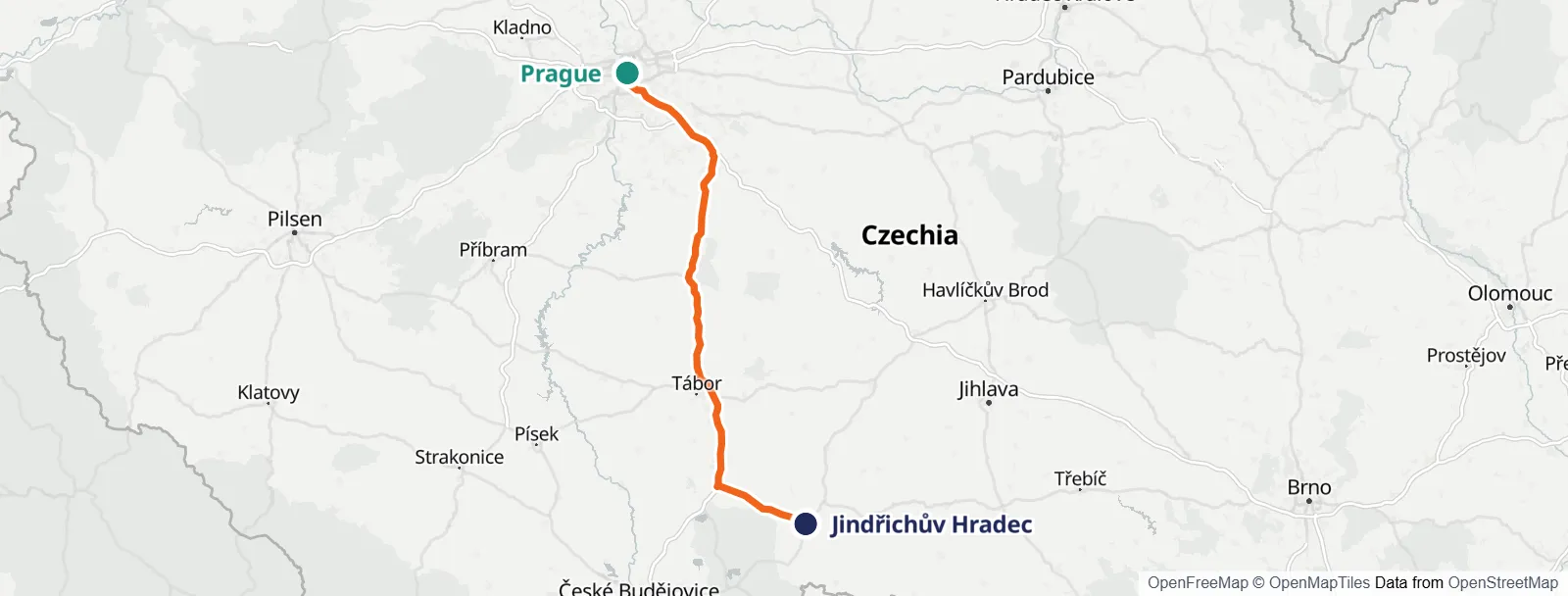 경로 지도: Prague – Jindřichův Hradec