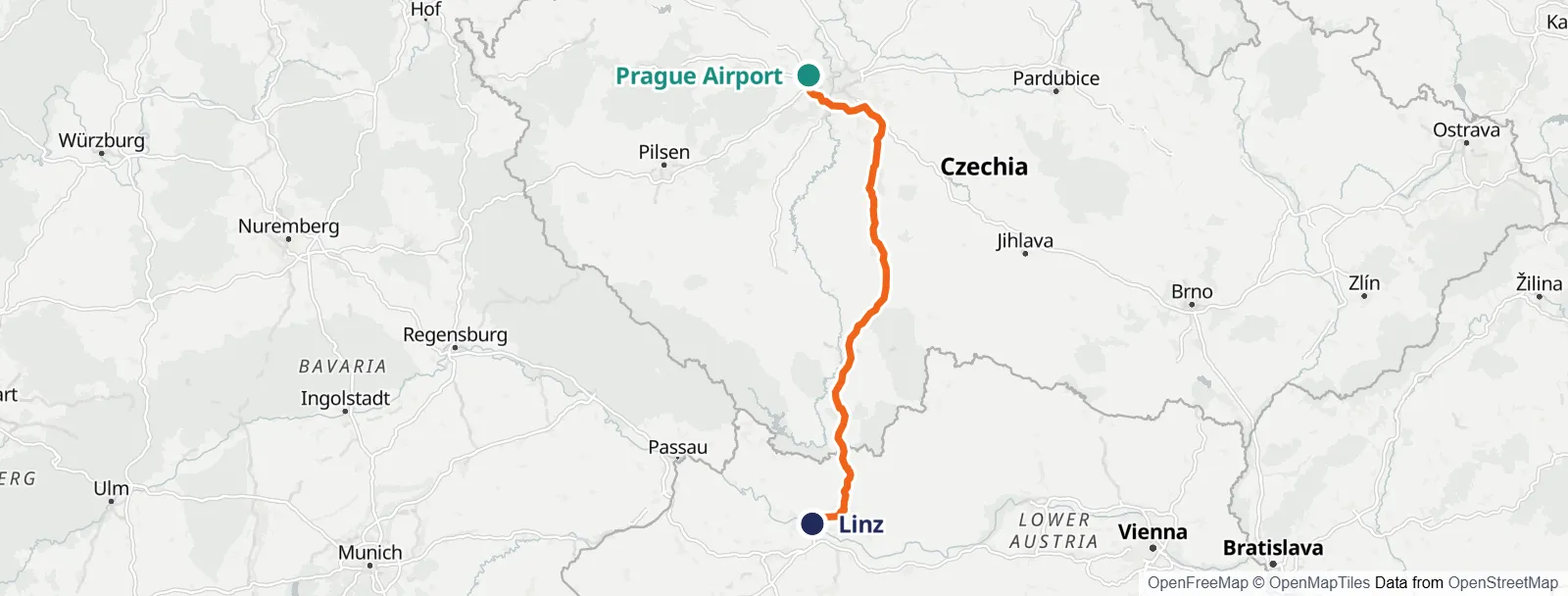 경로 지도: Prague Airport – Linz