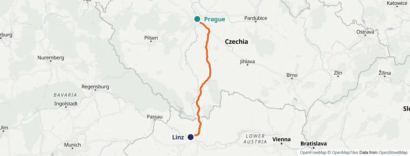 경로 지도: Prague – Linz