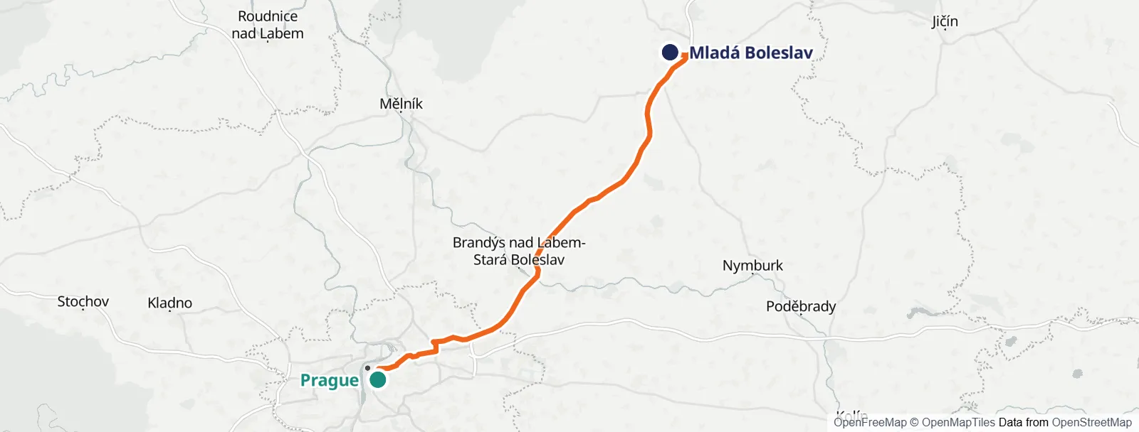 경로 지도: Prague – Mladá Boleslav