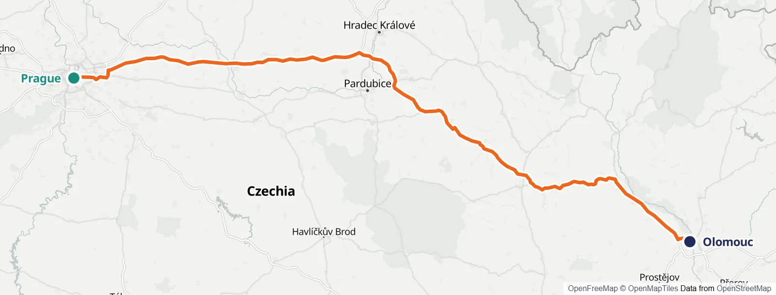 경로 지도: Prague – Olomouc