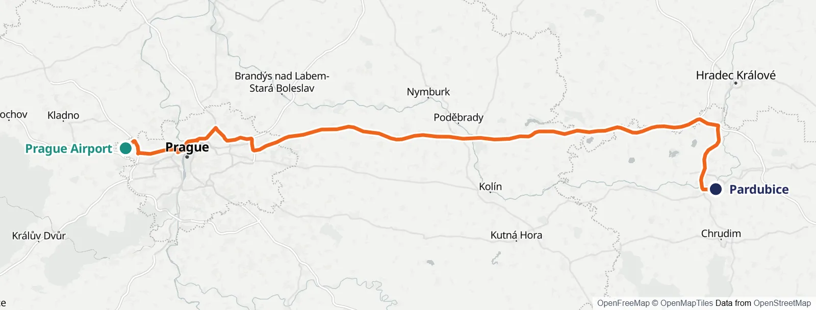 경로 지도: Prague Airport – Pardubice