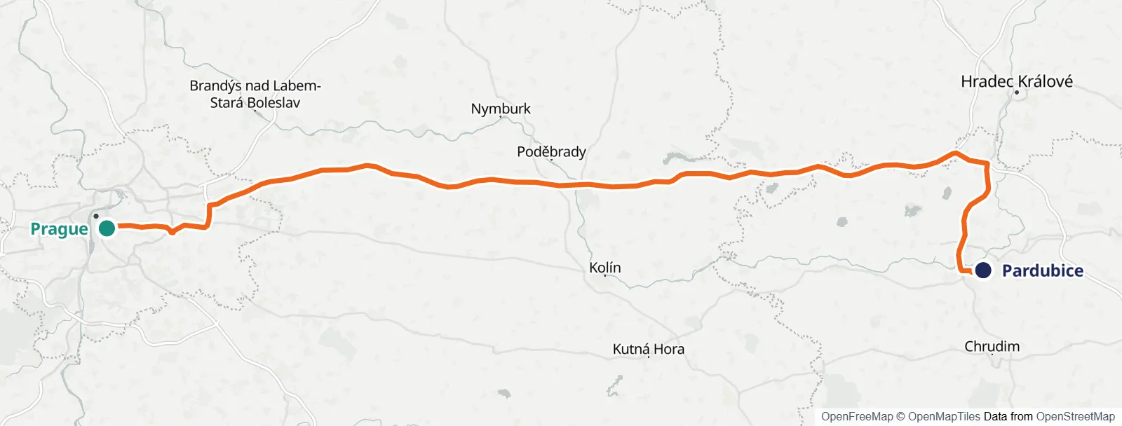 경로 지도: Prague – Pardubice