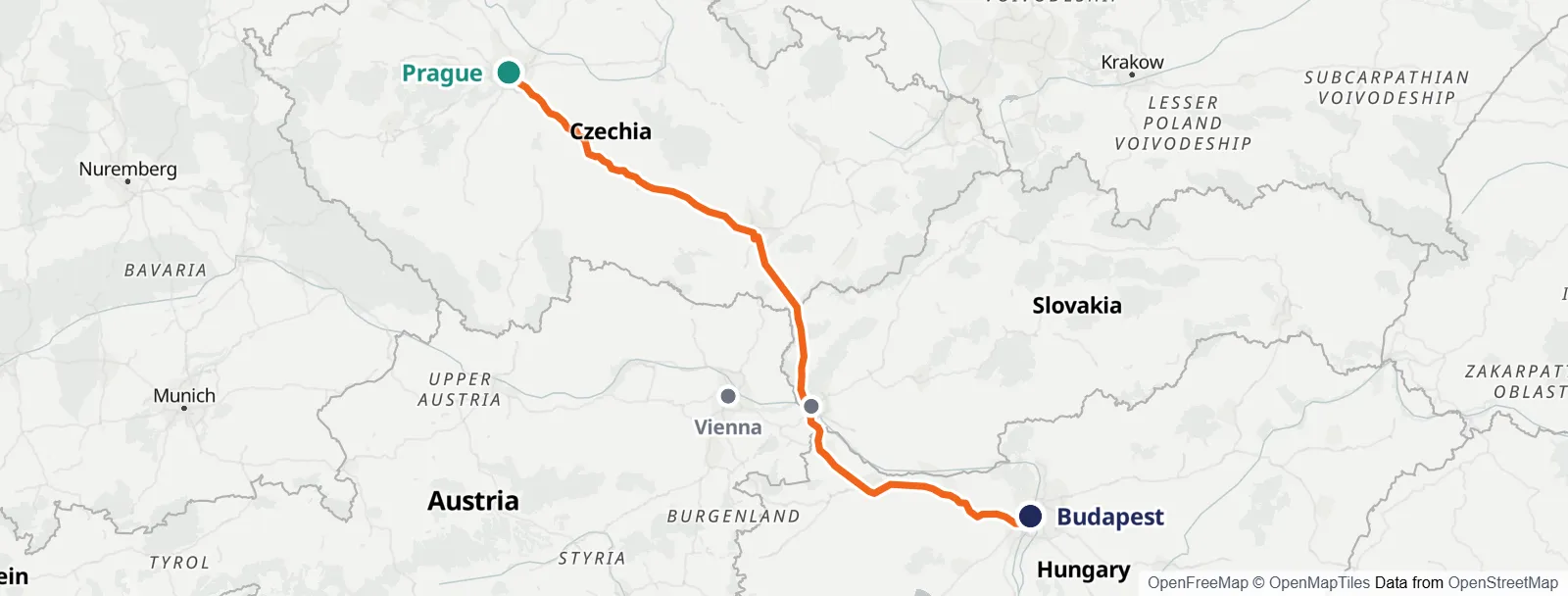 경로 지도: Prague – Vienna – Bratislava – Budapest