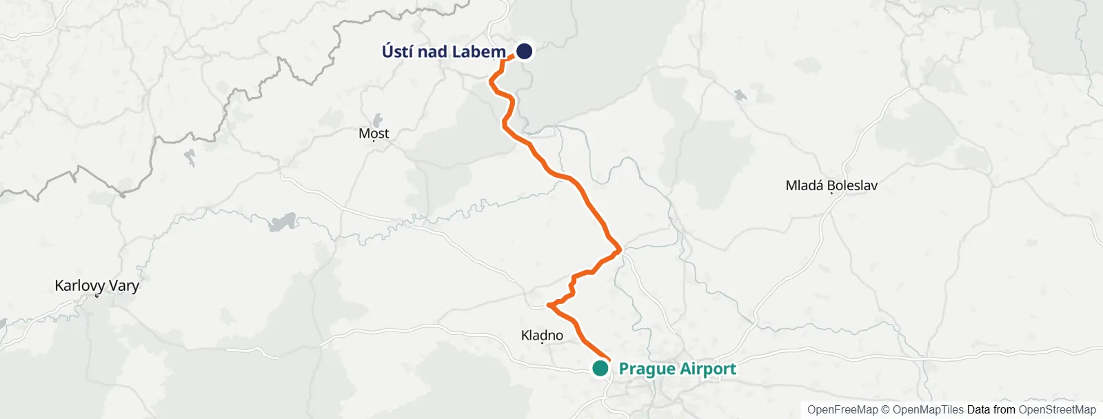 경로 지도: Prague Airport – Ústí nad Labem