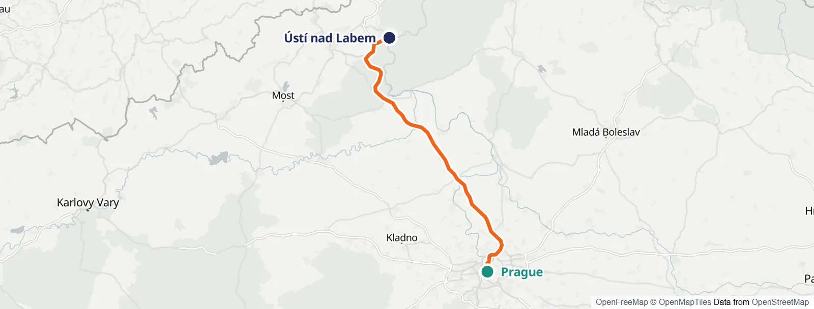 경로 지도: Prague – Ústí nad Labem